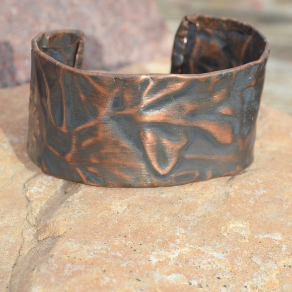 Conceptual Subculture Jewelry - Floral Embossed Cuff Copper Handmade Solid Copper